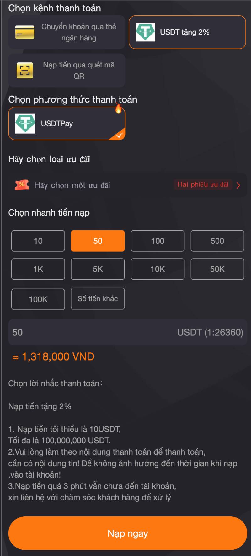 Nạp qua USDT – lựa chọn của người chơi chuyên nghiệp
