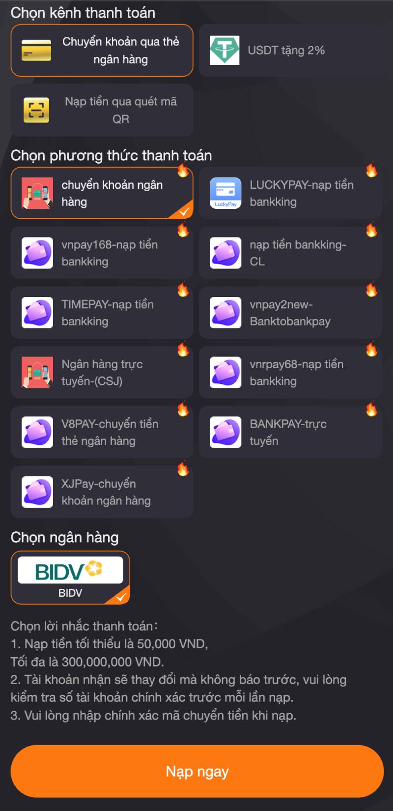 Nạp tiền qua thẻ ngân hàng vẫn hiệu quả