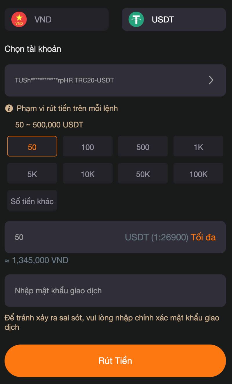 Rút tiền qua ví USDT